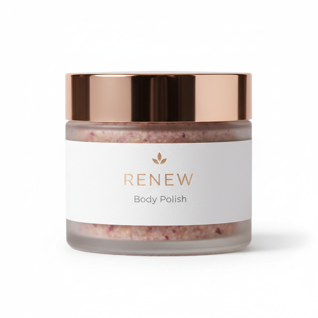 Brightening Body Polish Exfoliating Scrub in a frosted glass jar with rose gold lid