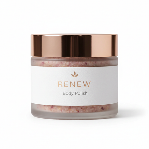 Brightening Body Polish Exfoliating Scrub in a frosted glass jar with rose gold lid