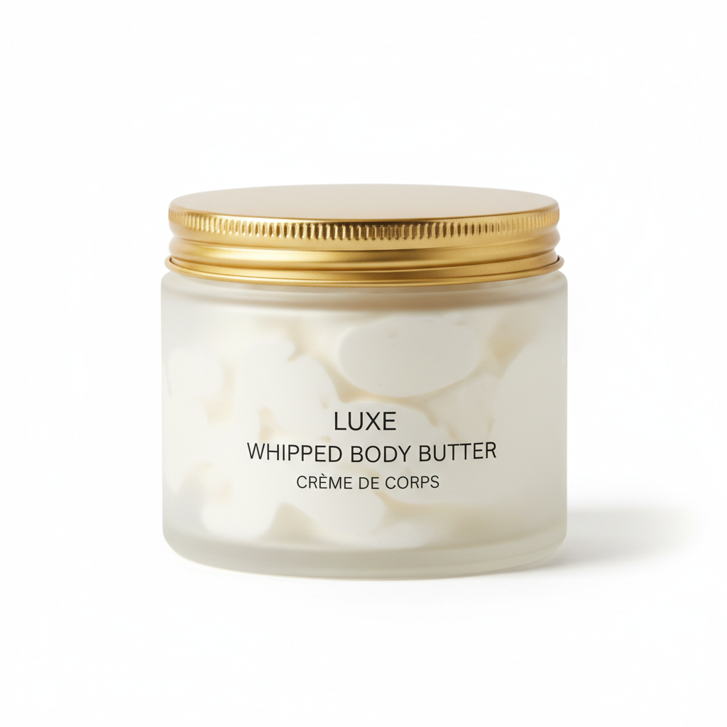 Whipped Shea & Mango Body Butter in a frosted glass jar with gold lid