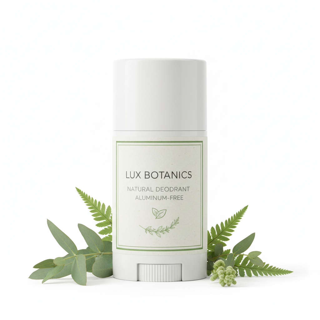 Natural Aluminum-Free Deodorant in a sleek white stick container with botanical accents