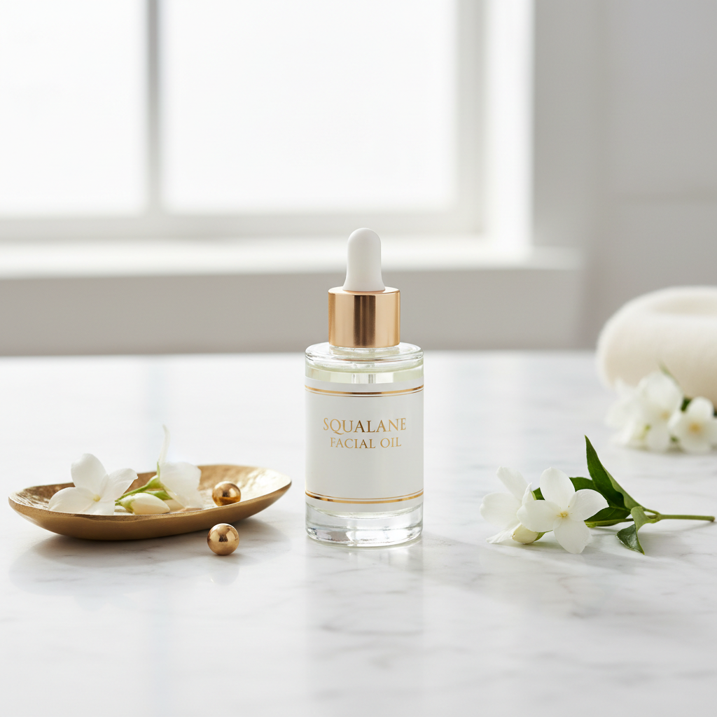 Squalane Facial Oil lifestyle photo with white flowers and gold accents on white marble
