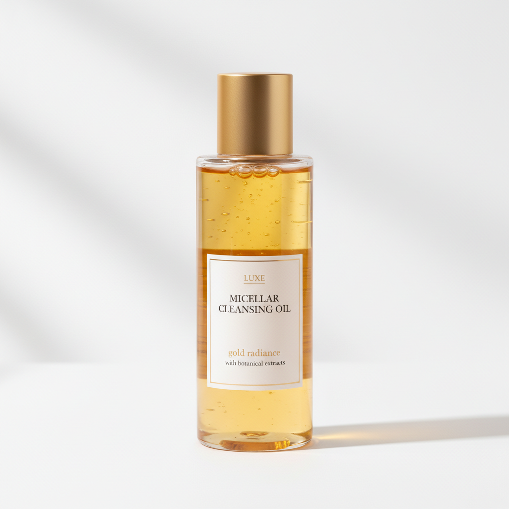 Micellar Cleansing Oil in a sleek clear glass bottle with gold cap