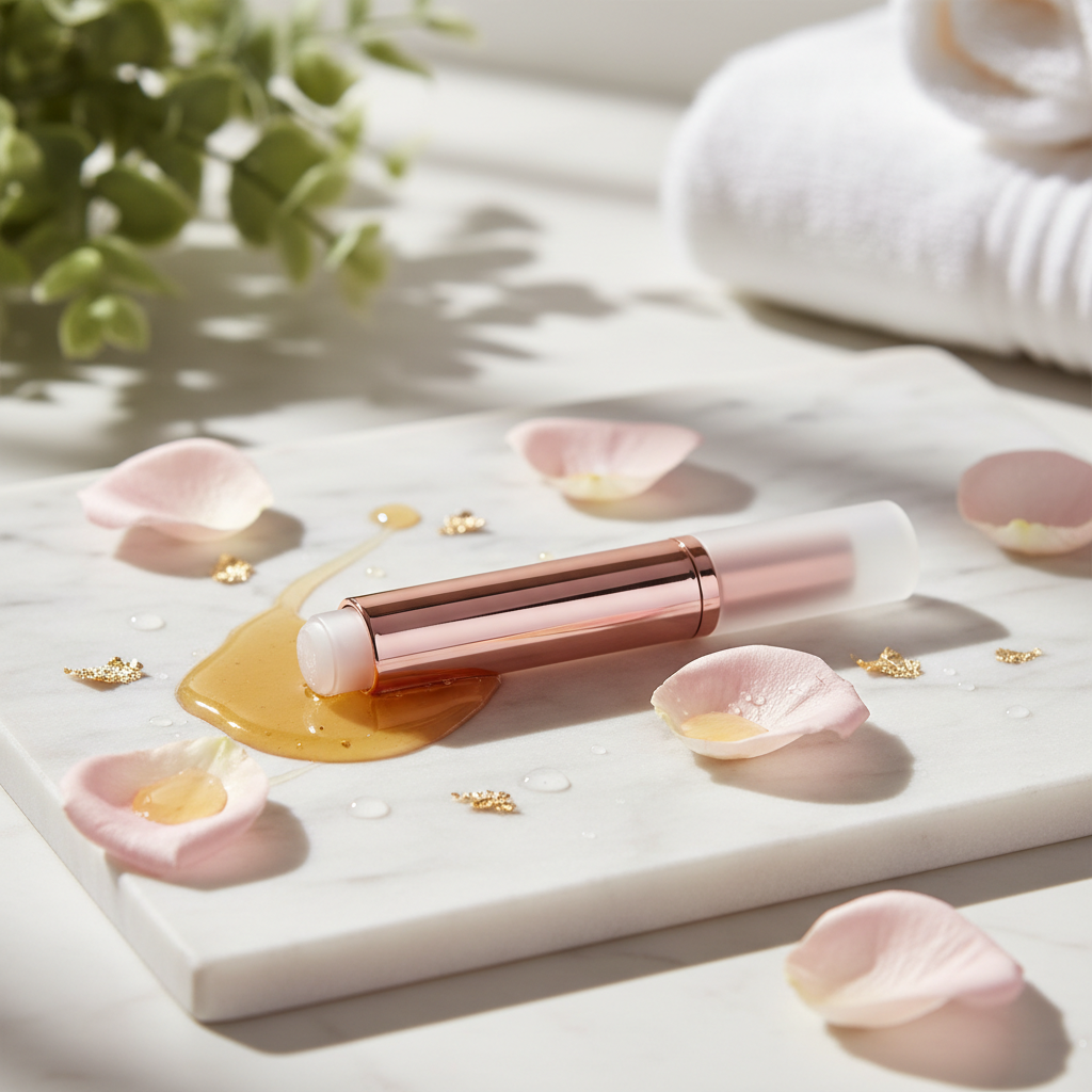 Hydrating Lip Treatment lifestyle photo with rose petals and honey on white marble